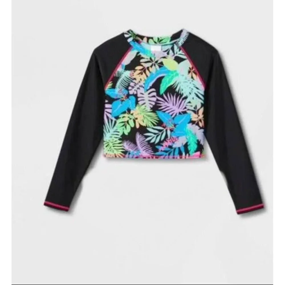 NWT Art Class Long Sleeve Floral Print Skin Guard Swim Top Girls Size XS (4/5)